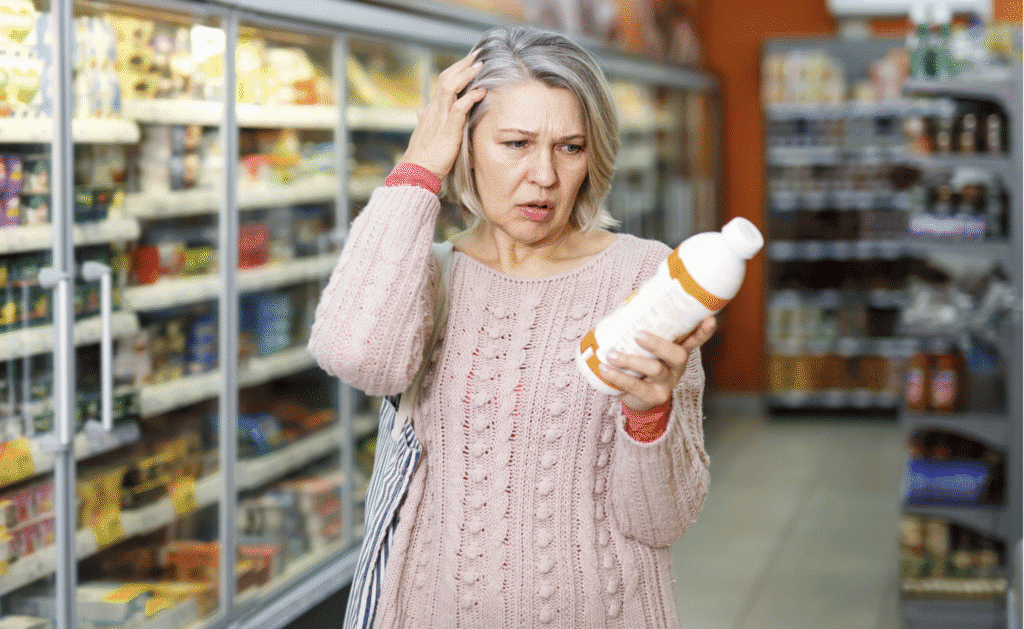 Older woman looking confused while reading a product label in a grocery store