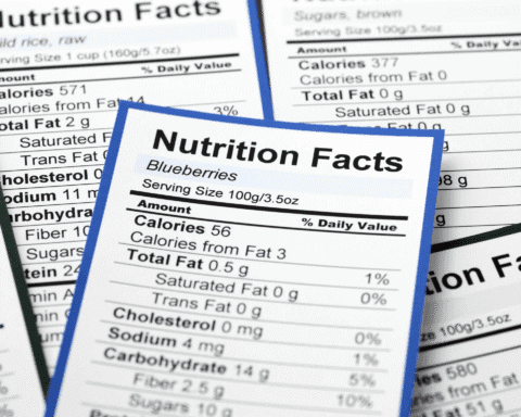 Multiple nutrition facts labels for different foods, including blueberries and wild rice