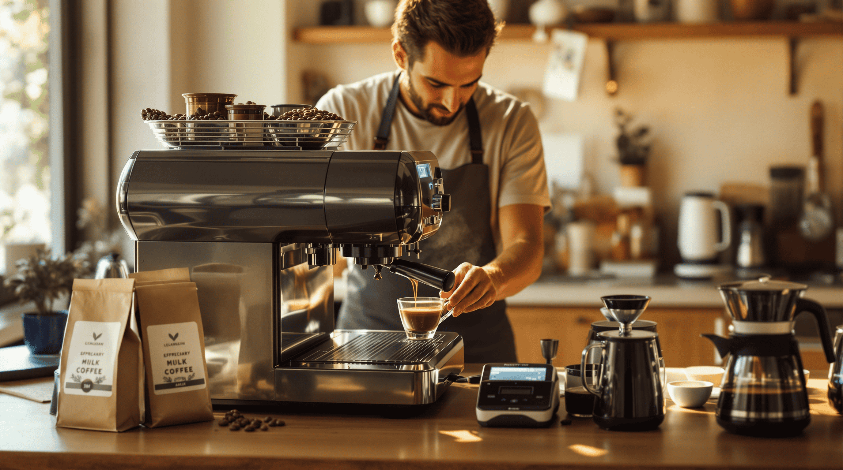 Coffee enthusiast making espresso