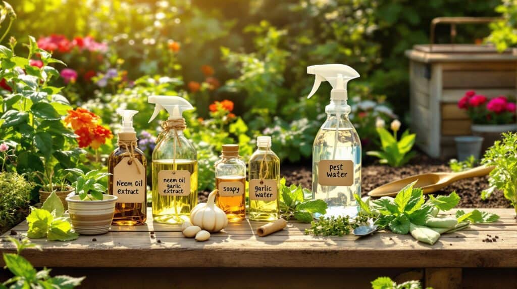 A sunny outdoor garden scene with a wooden table displaying various homemade pest control solutions in labeled glass bottles, including neem oil extract, neem oil garlic extract, soapy water, garlic water, and pest water. Fresh herbs, garlic bulbs, a potted plant, and gardening tools are also on the table, with colorful flowers and greenery in the background.