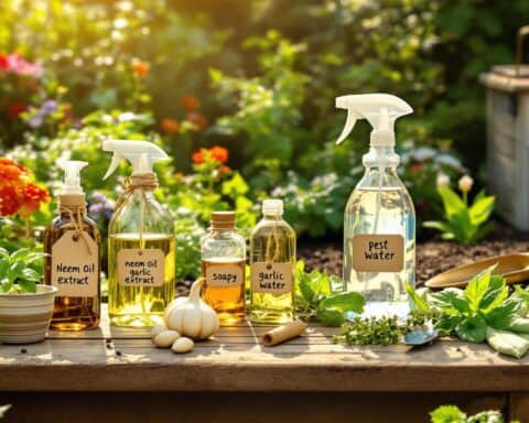 A sunny outdoor garden scene with a wooden table displaying various homemade pest control solutions in labeled glass bottles, including neem oil extract, neem oil garlic extract, soapy water, garlic water, and pest water. Fresh herbs, garlic bulbs, a potted plant, and gardening tools are also on the table, with colorful flowers and greenery in the background.