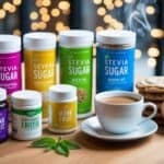 Various sugar substitutes: Stevia, Swerve, Monk Fruit, and Erythritol in small containers and packets.