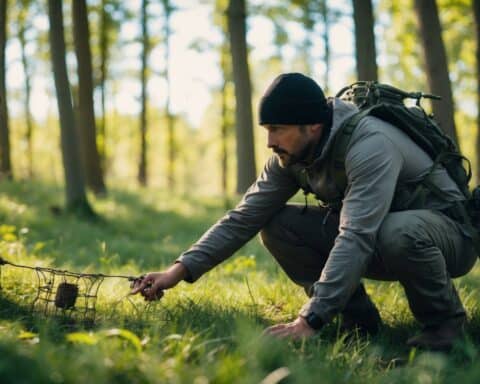 Man in outdoor gear setting a small wire trap in a sunlit forest.