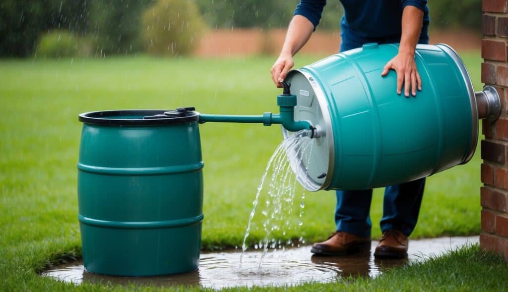 See how to transfer collected rainwater between barrels for optimal storage and use during heavy rainfall.