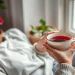 Person enjoying hibiscus tea in a relaxing setting, summarizing the many benefits of hibiscus tea